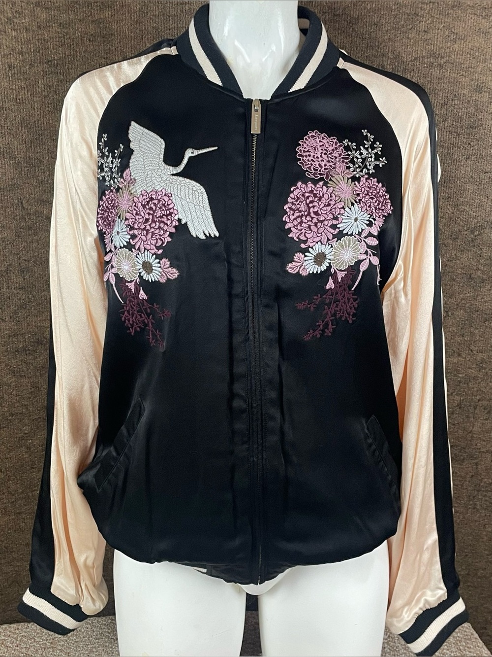 Sanctuary Satin Jacket Women’s Medium Floral Embroidered Asian Sukajan Sakura R2